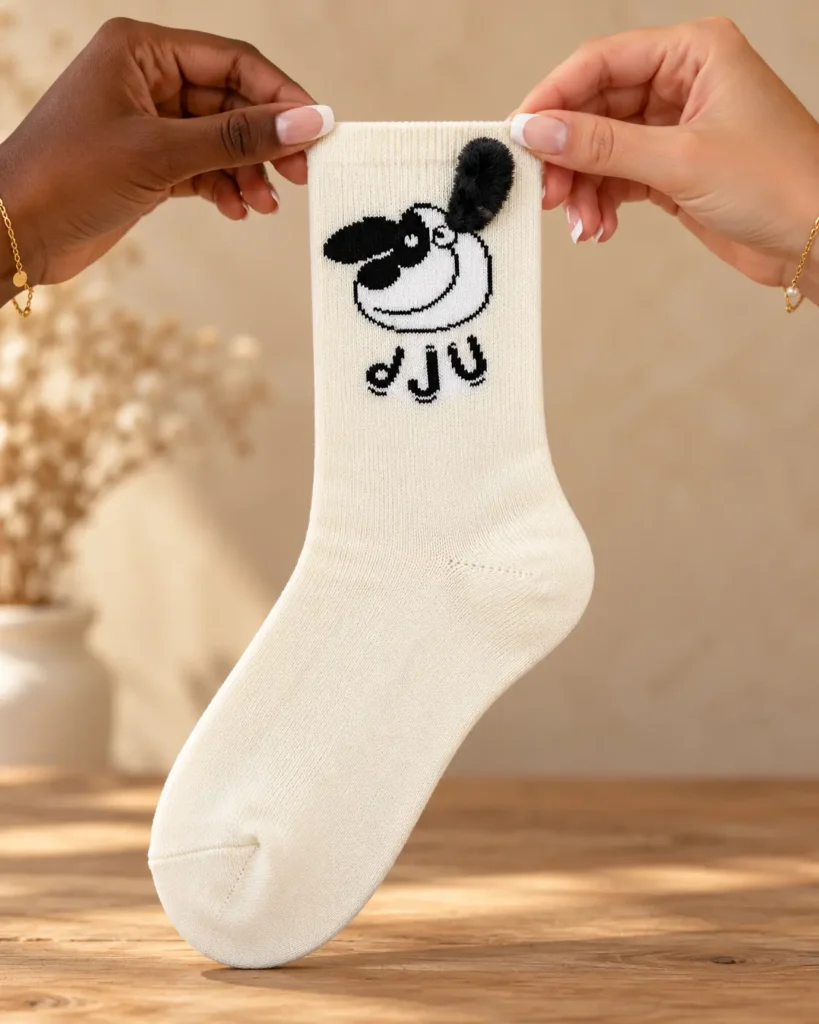 Cream socks with dog and raised ear — held in hands