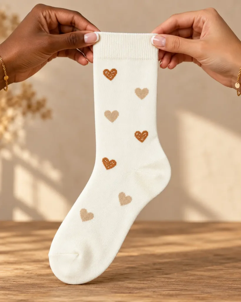 Cream socks with beige and caramel hearts — held in hands