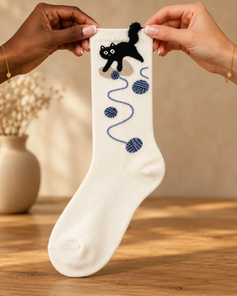 Cream socks with black cat and blue yarn — held in hands