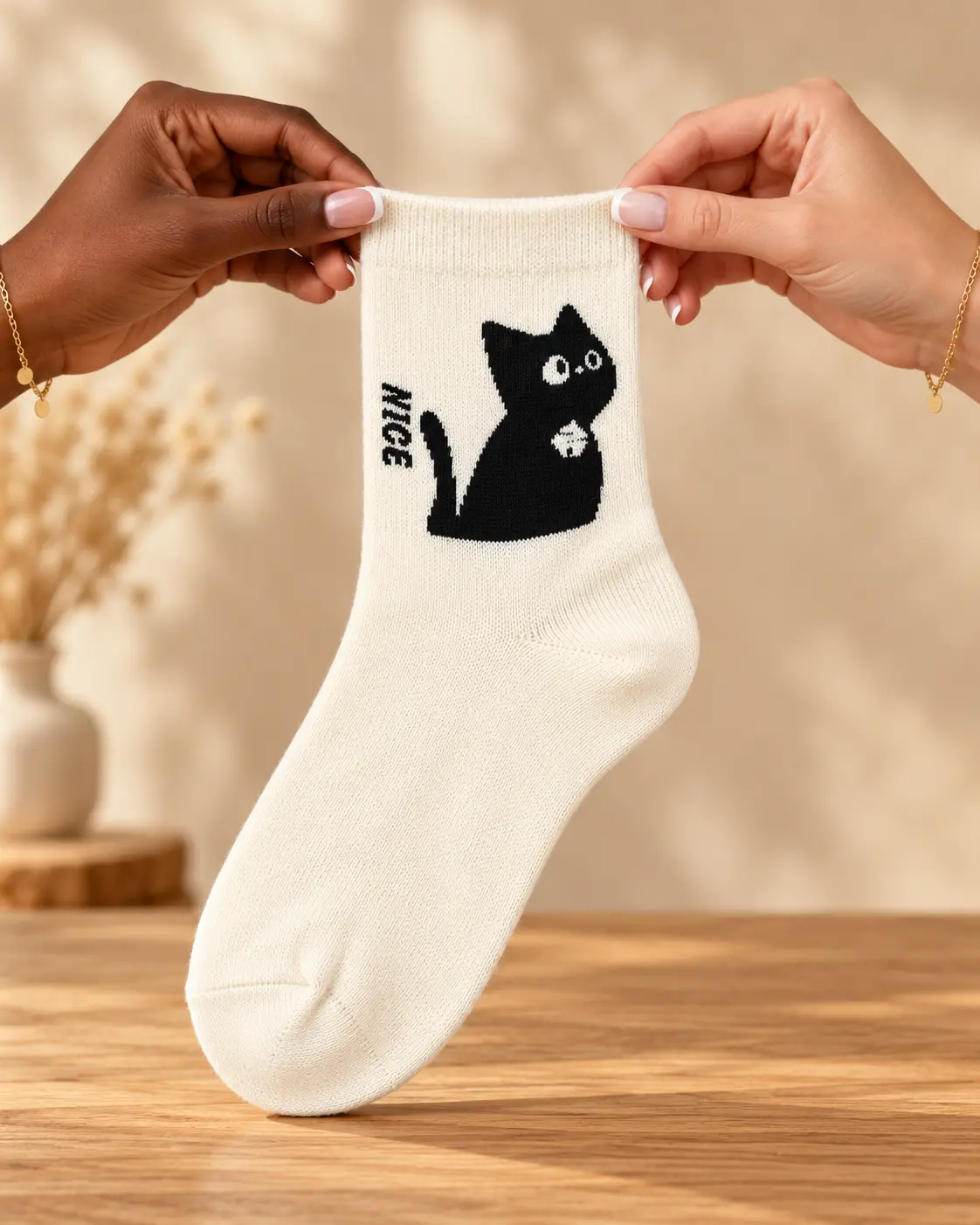 Cream socks with black NICE cat — held in hands