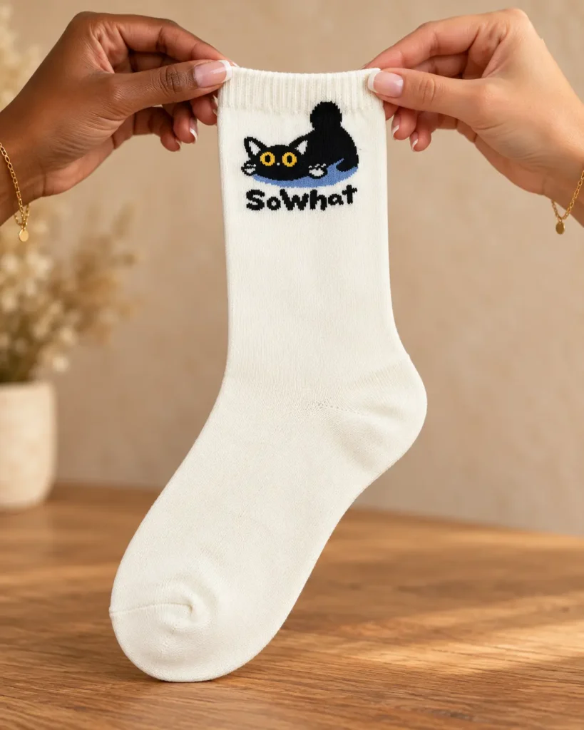 Cream socks with black So What cat — held in hands