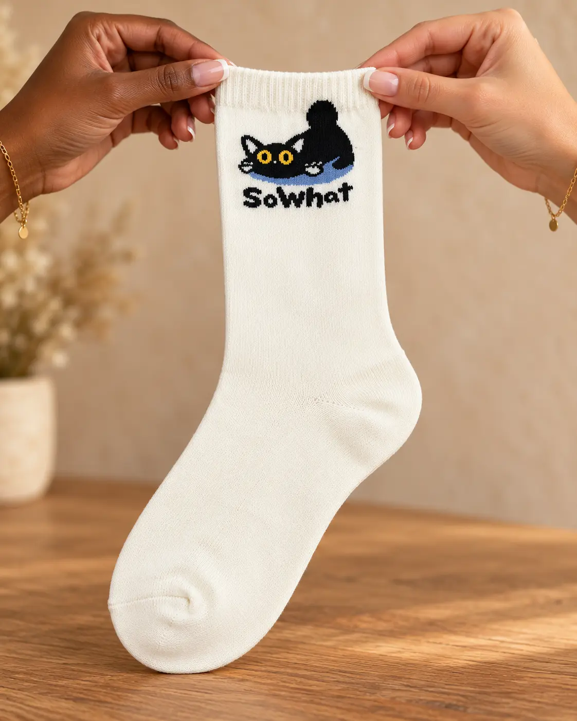 Cream socks with black So What cat — held in hands
