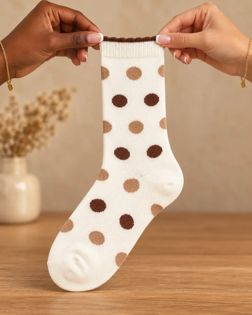 Cream socks with beige and chocolate dots — held in hands