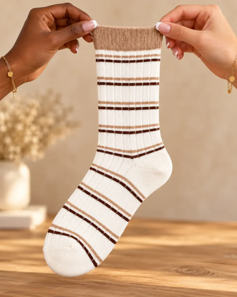 Cream socks with brown and beige stripes — held in hands