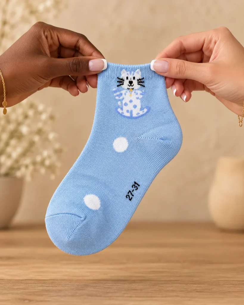 Children's blue cat and dot socks — held in hands