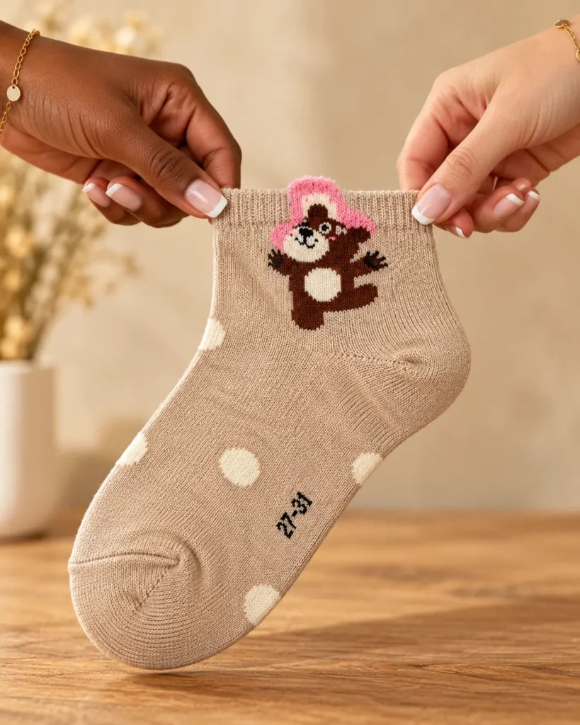 Children's beige teddy bear and dot socks — held in hands