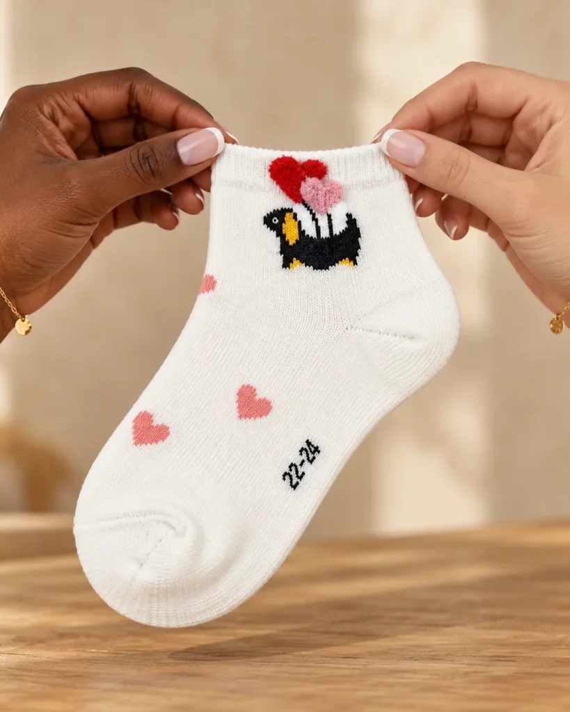 Children's white bee and pink heart socks — held in hands