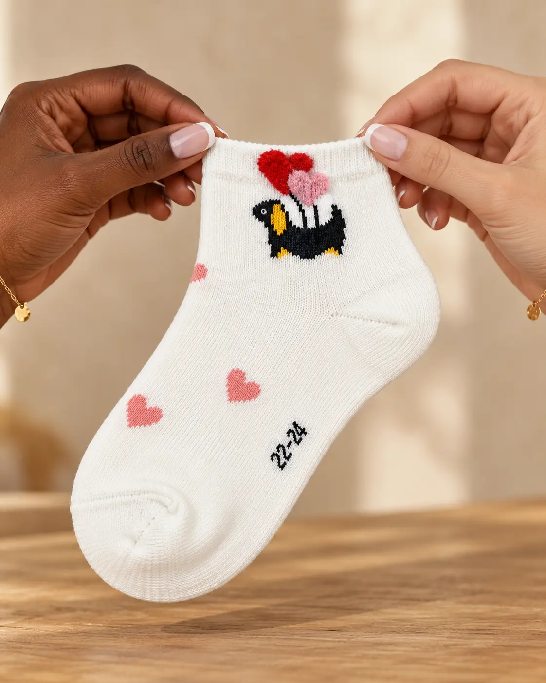 Calcetines infantiles blancos con abeja y corazones rosas — sostenido con las manos