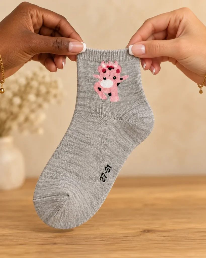 Children's grey socks with pink cow — held in hands