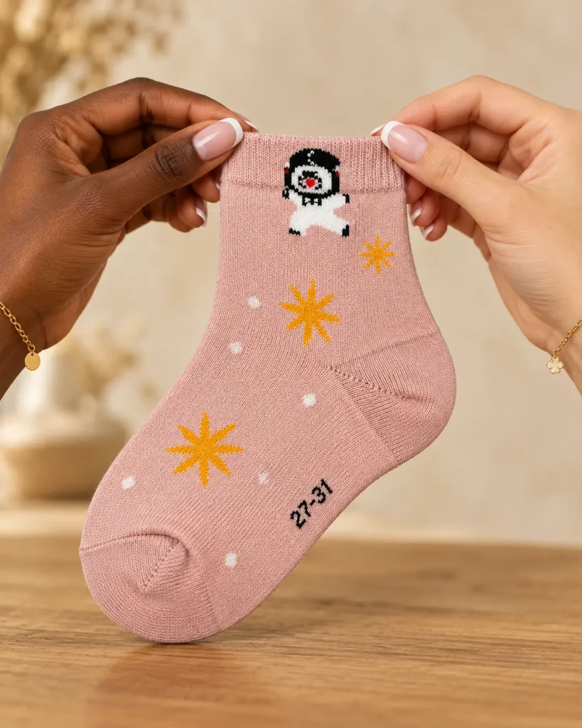 Children's pink astronaut and star socks — held in hands