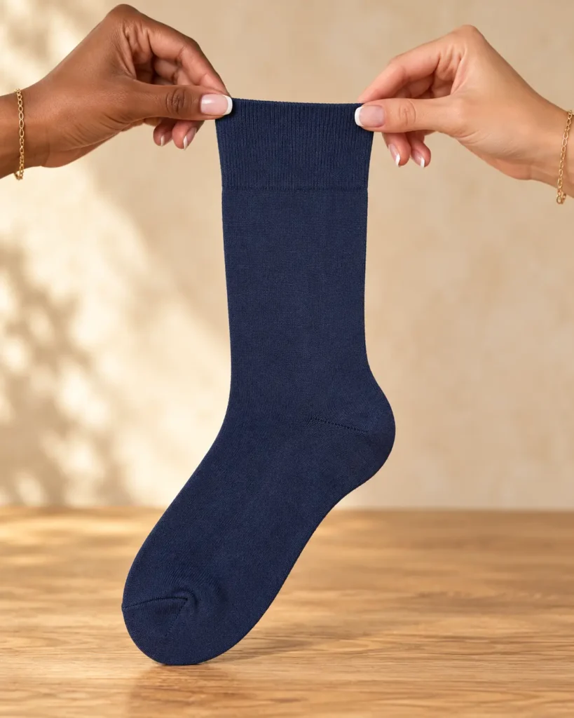 Plain navy socks — held in hands