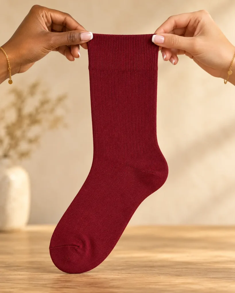 Plain burgundy socks — held in hands
