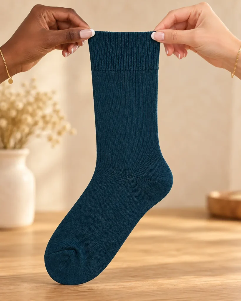 Plain teal socks — held in hands