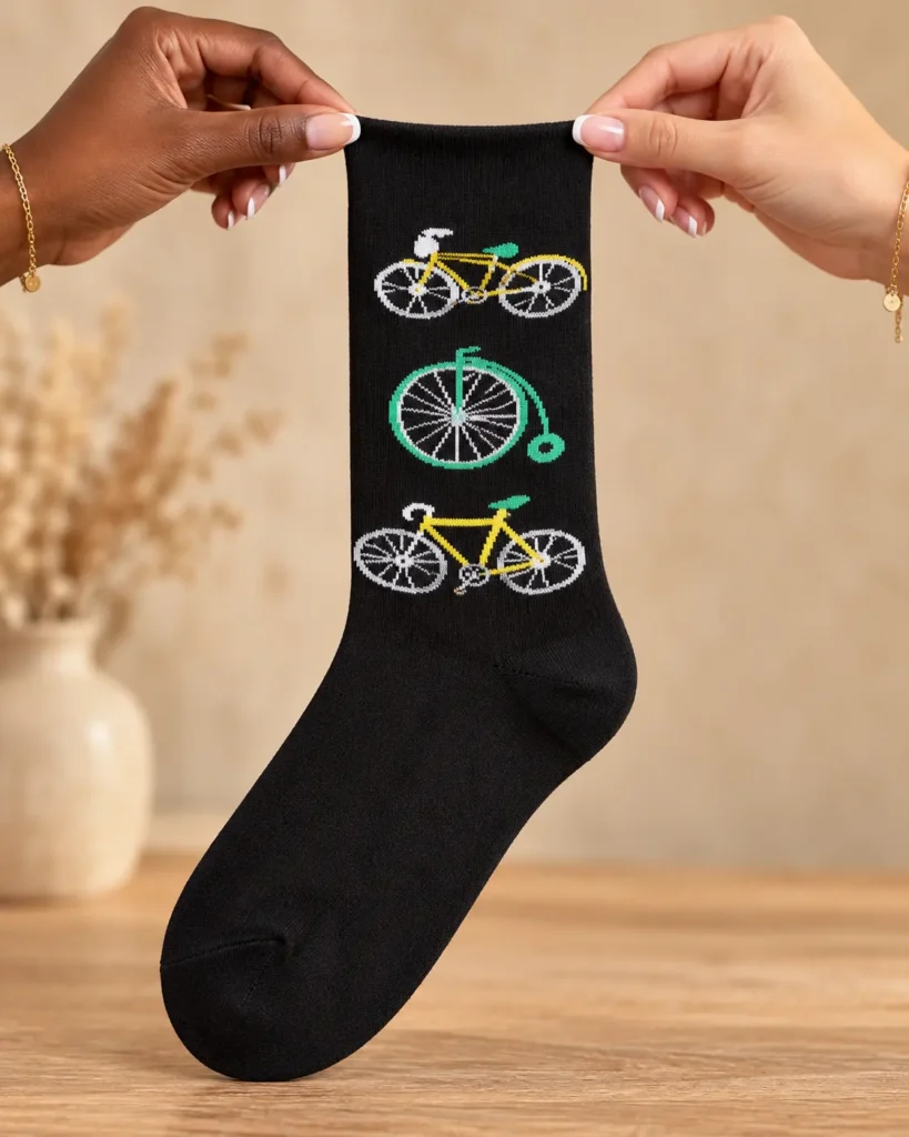 Black socks with colourful bicycles — held in hands