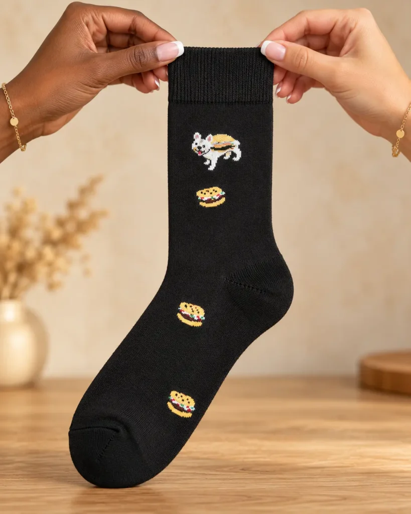 Black socks with dog and burgers — held in hands