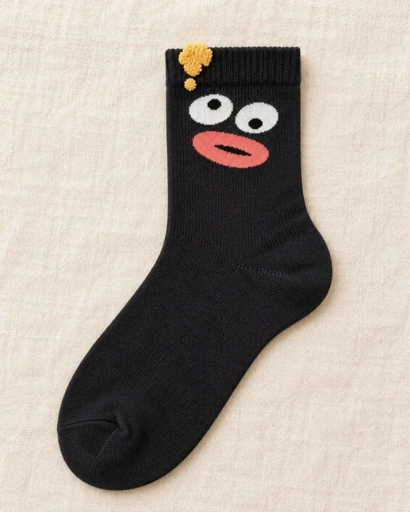 Black face socks with raised yellow detail — product view