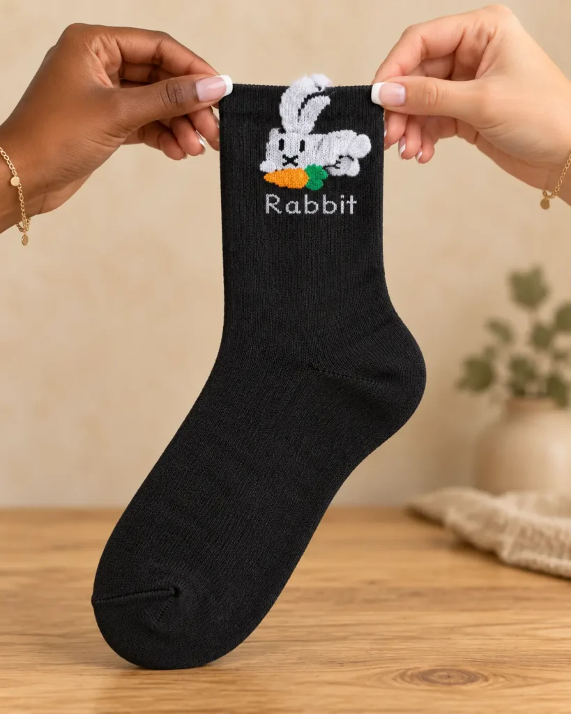 Black socks with white rabbit and raised ear — held in hands