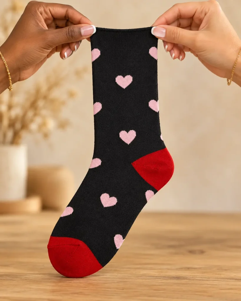Black socks with pink hearts and red details — held in hands