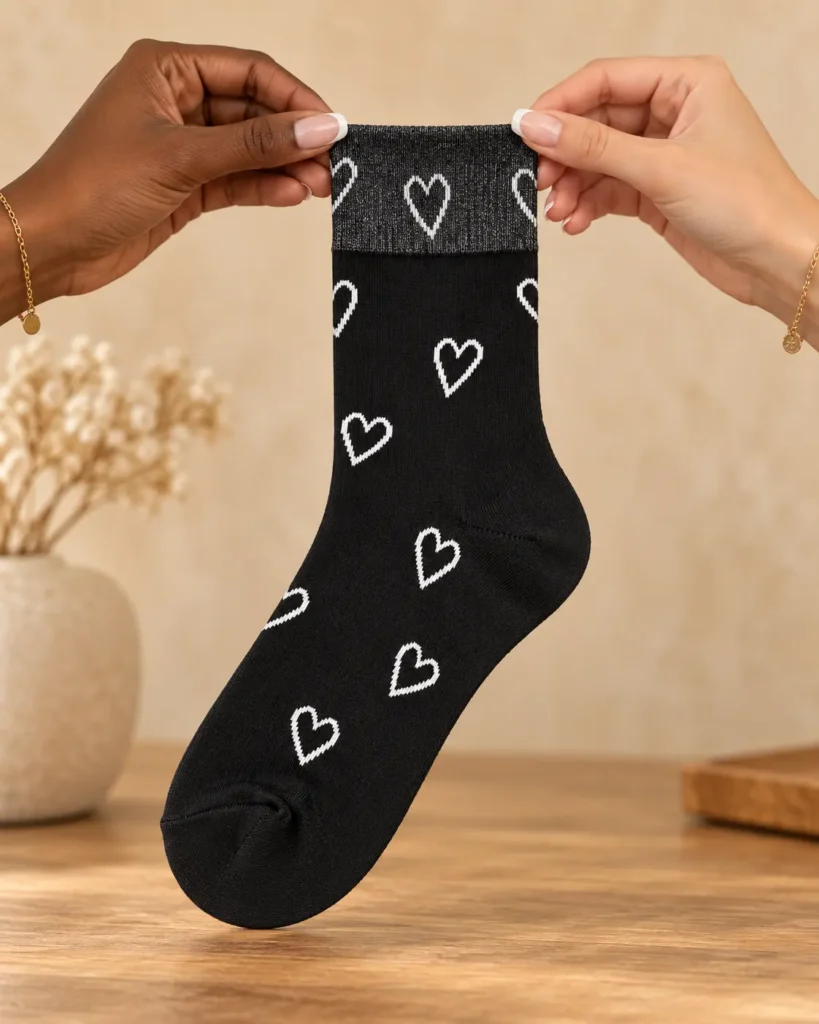 Black socks with white outline hearts — held in hands