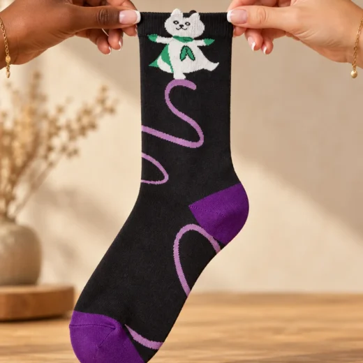 Black socks with cat, green cape and purple details — held in hands