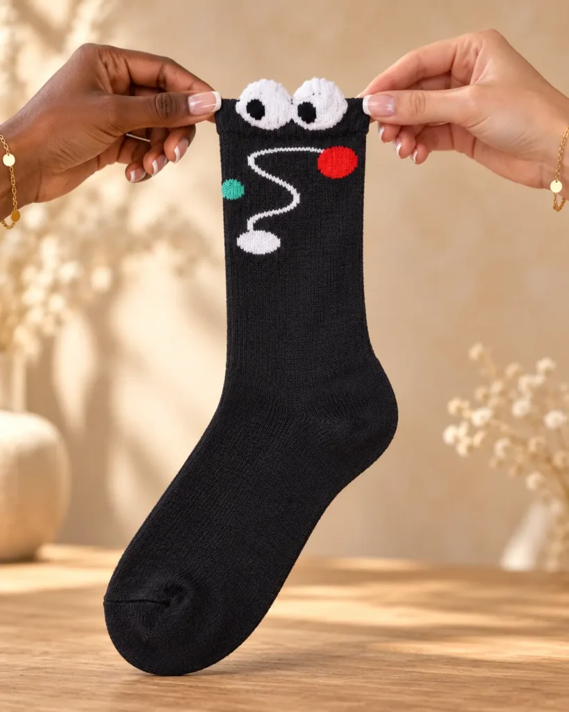 Black socks with eyes and colourful planets — held in hands