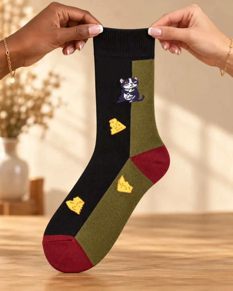 Black and olive socks with mouse and cheese — held in hands