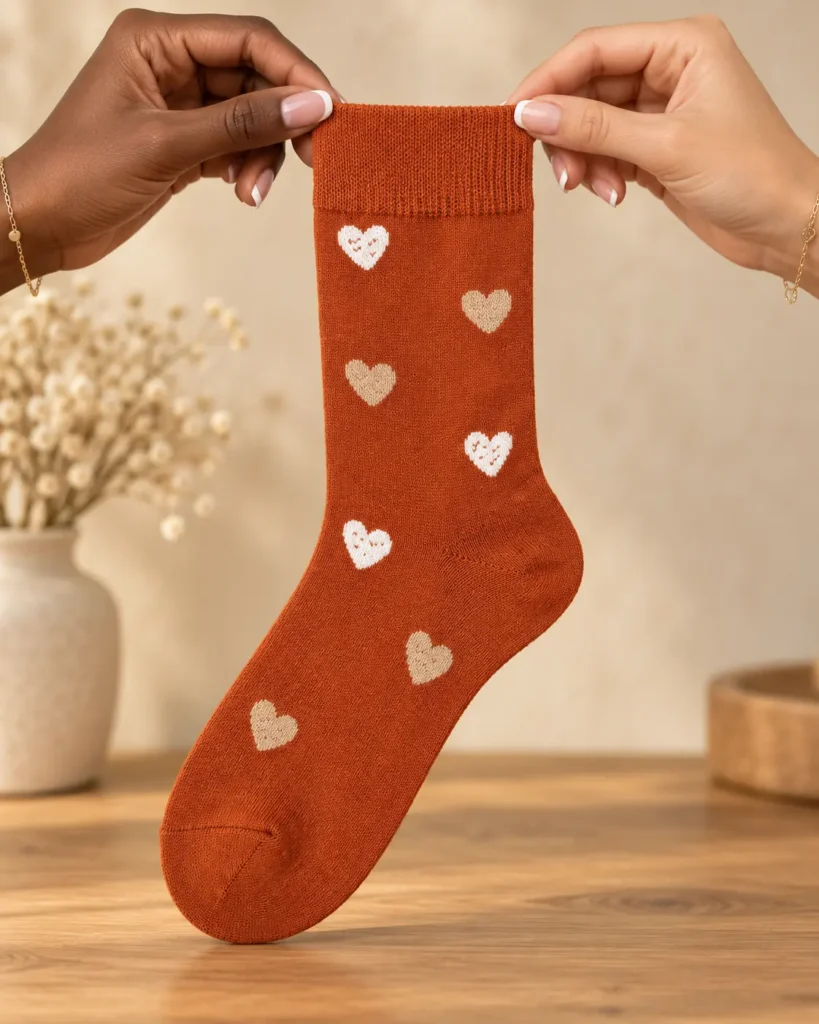Terracotta socks with white and beige hearts — held in hands