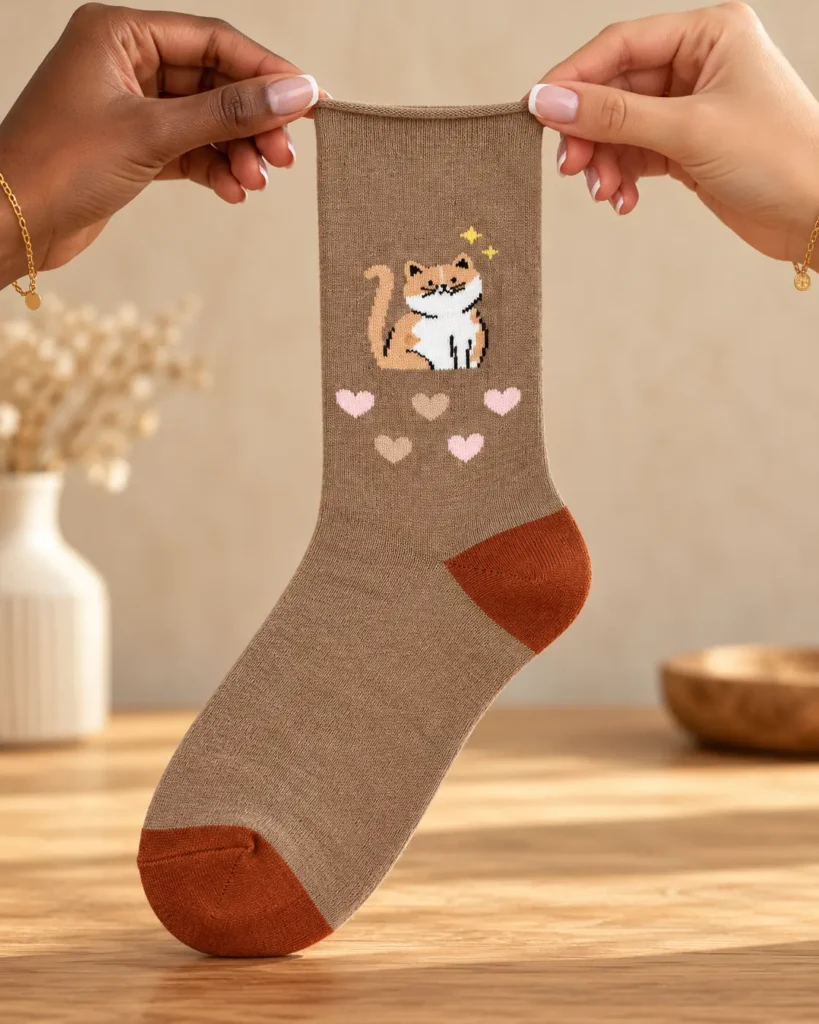Taupe socks with cat and pink hearts — held in hands