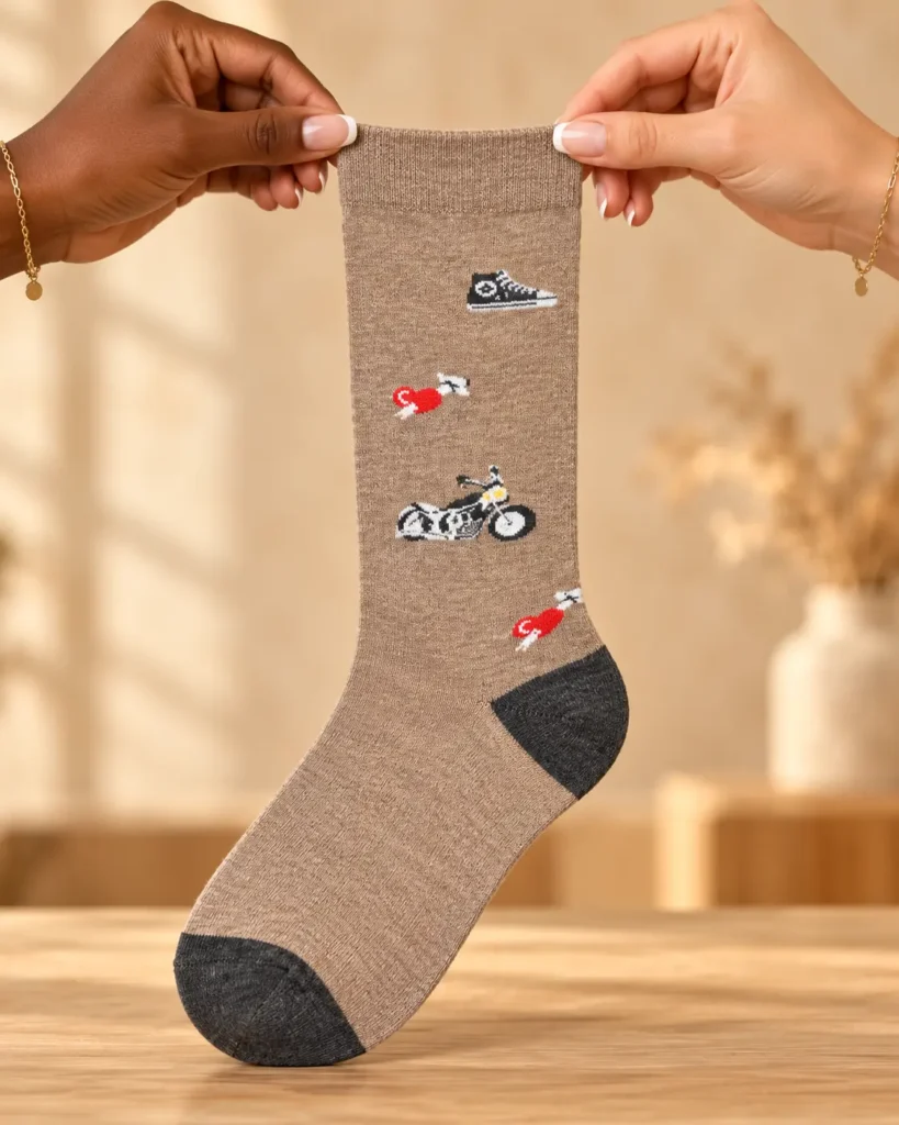 Taupe motorcycle socks with dark grey details — held in hands