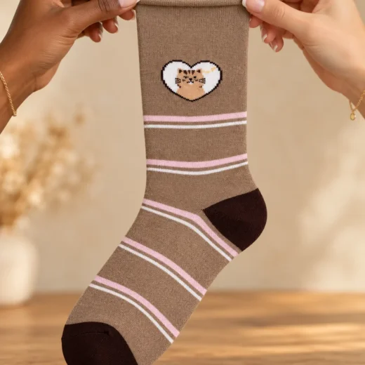 Taupe socks with pink stripes and cat in a heart — held in hands