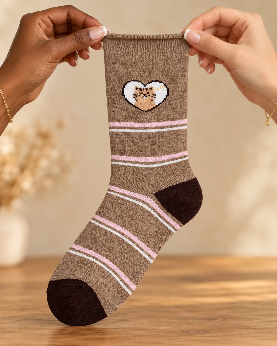 Calcetines topo con rayas rosas y gatito en un corazón — sostenido con las manos