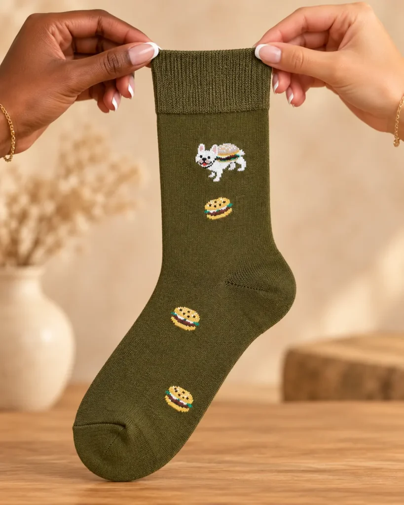 Olive socks with dog and burgers — held in hands