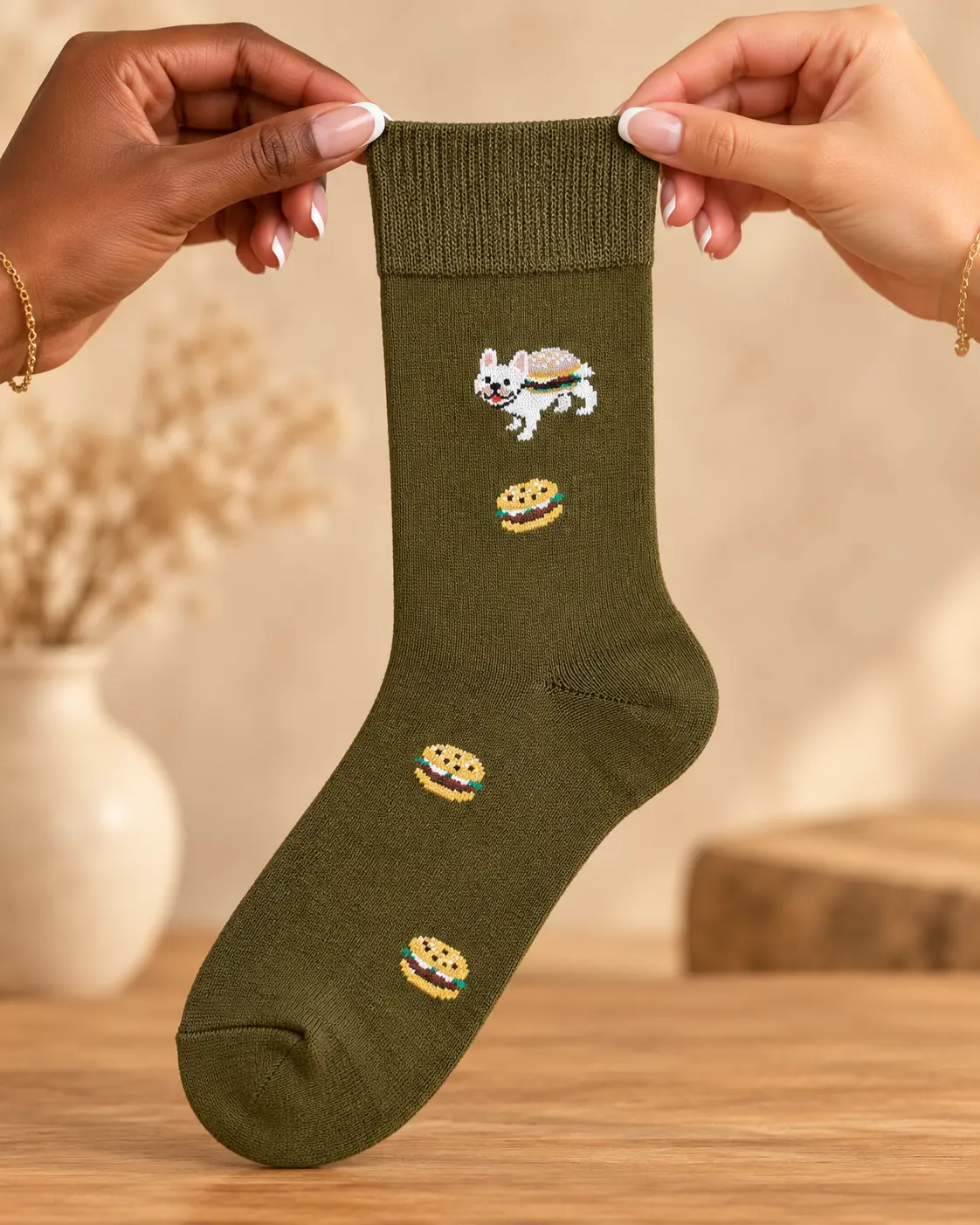 Chaussettes olive avec chien et hamburgers — tenu entre les mains
