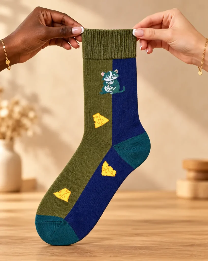 Olive and blue socks with mouse and cheese — held in hands