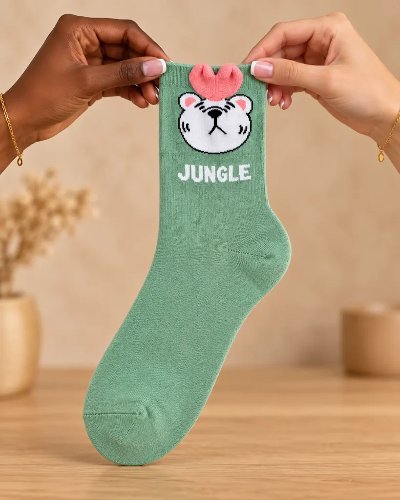 Mint green JUNGLE socks with pink ears — held in hands