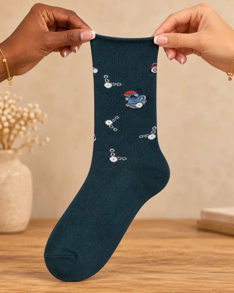 Teal socks with blue scooter — held in hands