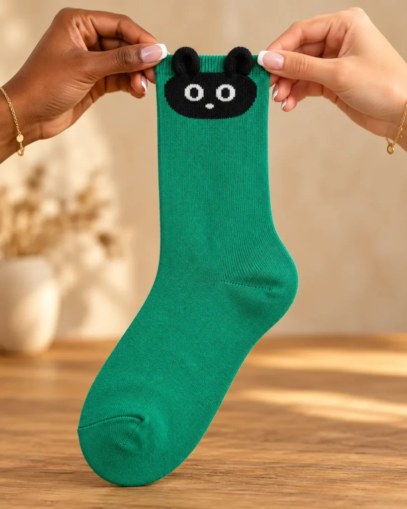 Green socks with black face and raised ears — held in hands