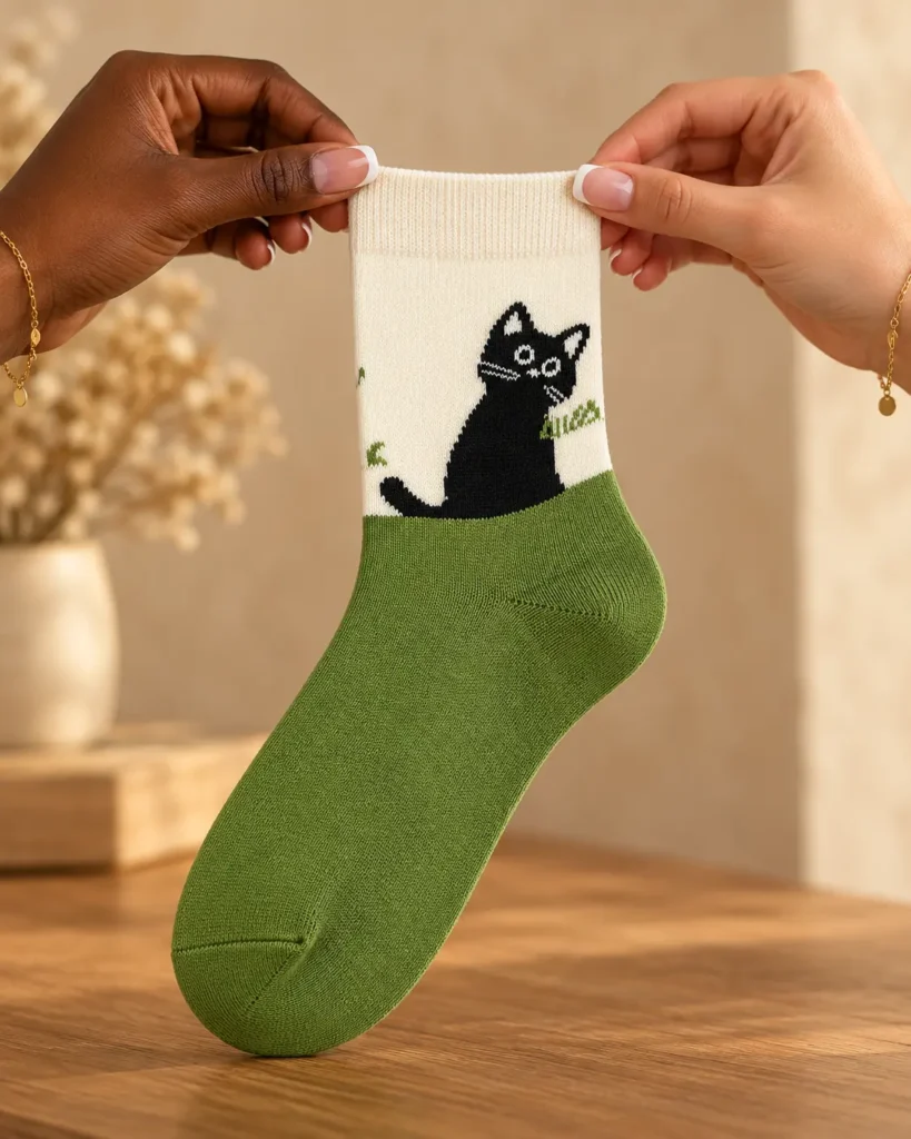 Green and cream socks with black cat — held in hands