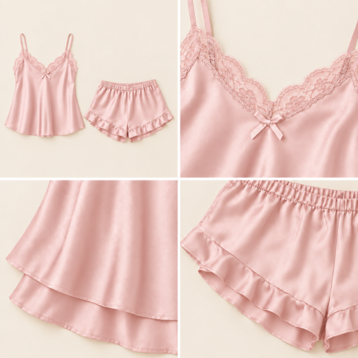 Pijama curto de mulher rosa com renda e acabamento acetinado