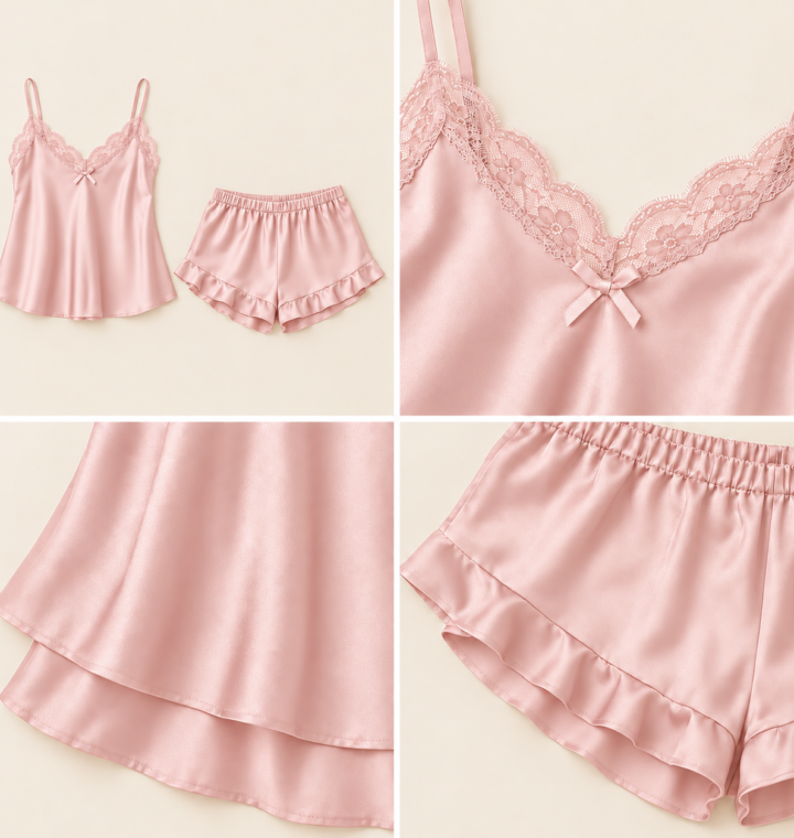Women's pink short pyjama set with lace and satin finish