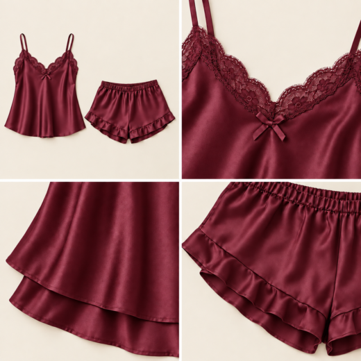 Pijama curto de mulher bordeaux com renda e acabamento acetinado