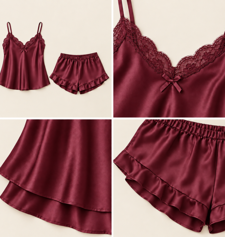 Women's Burgundy Satin-Finish Short Pyjama Set with Lace