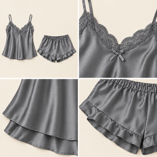 Pijama curto de mulher cinzento com renda e acabamento acetinado