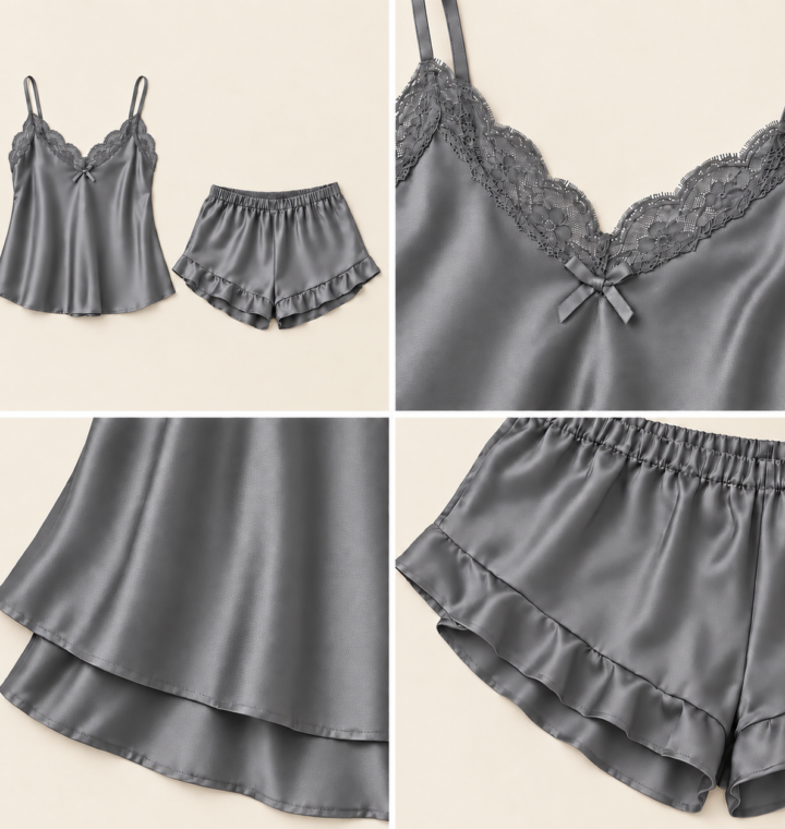 Women's Grey Satin-Finish Short Pyjama Set with Lace