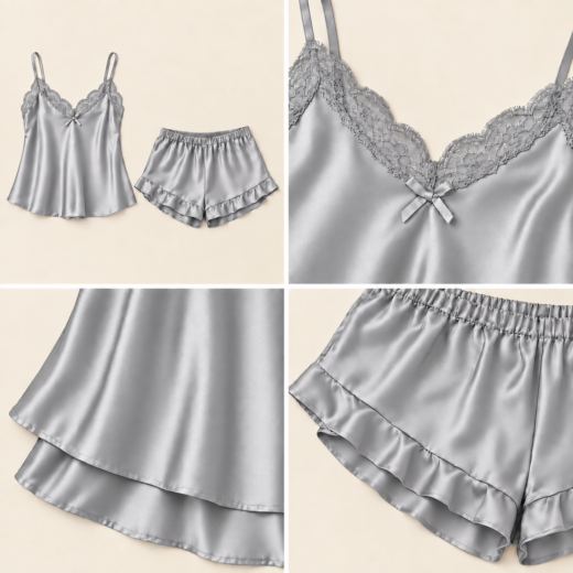 Pijama curto de mulher cinzento com renda e acabamento acetinado