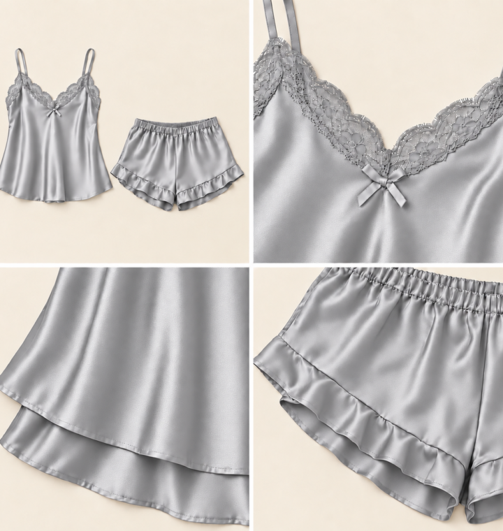 Women's Grey Satin-Finish Short Pyjama Set with Lace