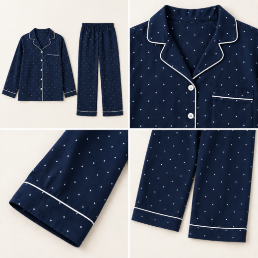 Pijama comprido de mulher azul-marinho às bolinhas