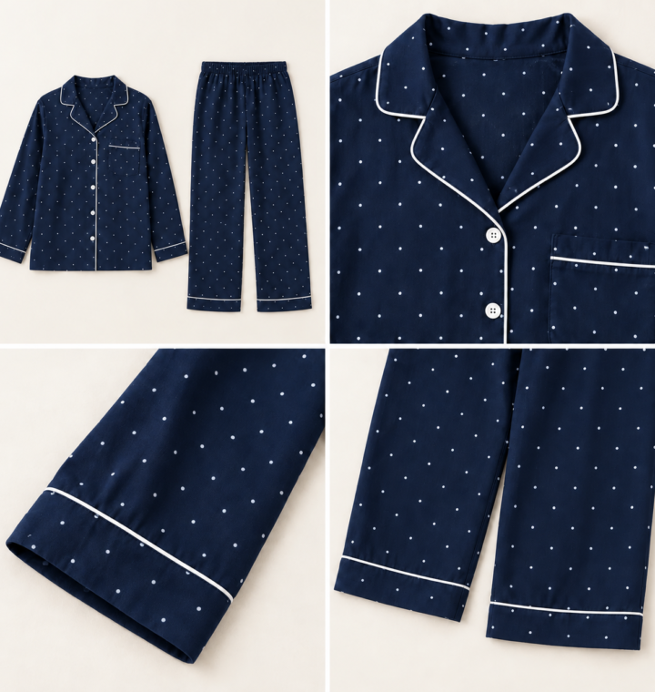Women's Navy Polka Dot Long Pyjama Set