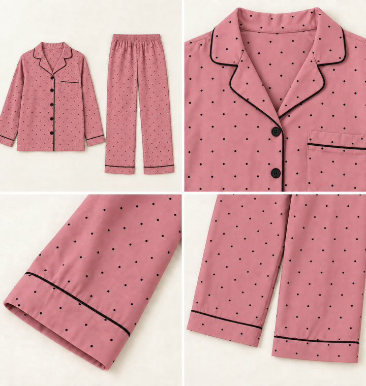 Women's Pink Polka Dot Long Pyjama Set