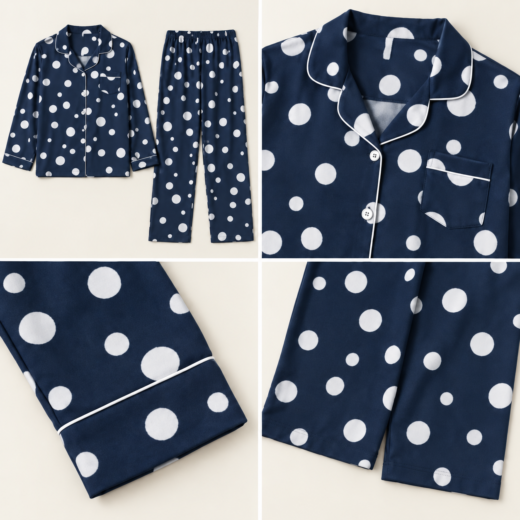 Pijama comprido de mulher azul-marinho às bolinhas